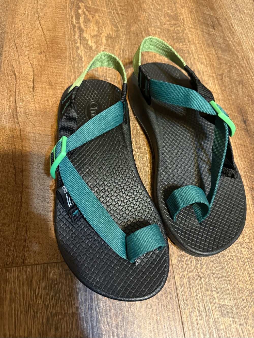 Chaco womens Teal and Black Strapped Sandals with Lime Accents